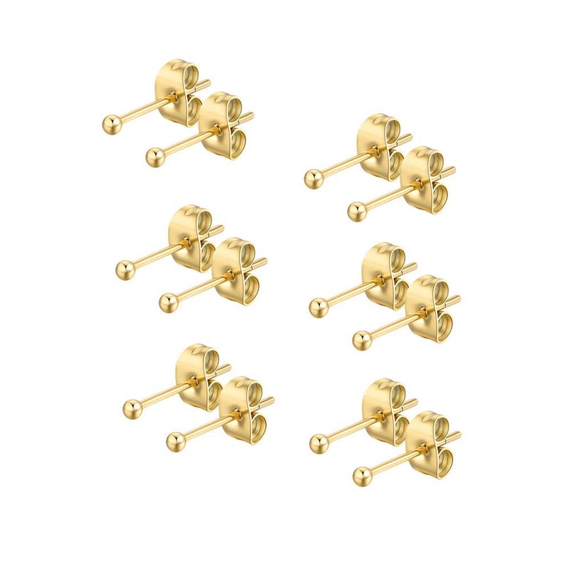 FOSIR 6 Pair Tiny Women 14K Gold Plated Ball Stud Earrings Surgical Stainless Steel Earrings Set (2mm, Gold) - Image 1